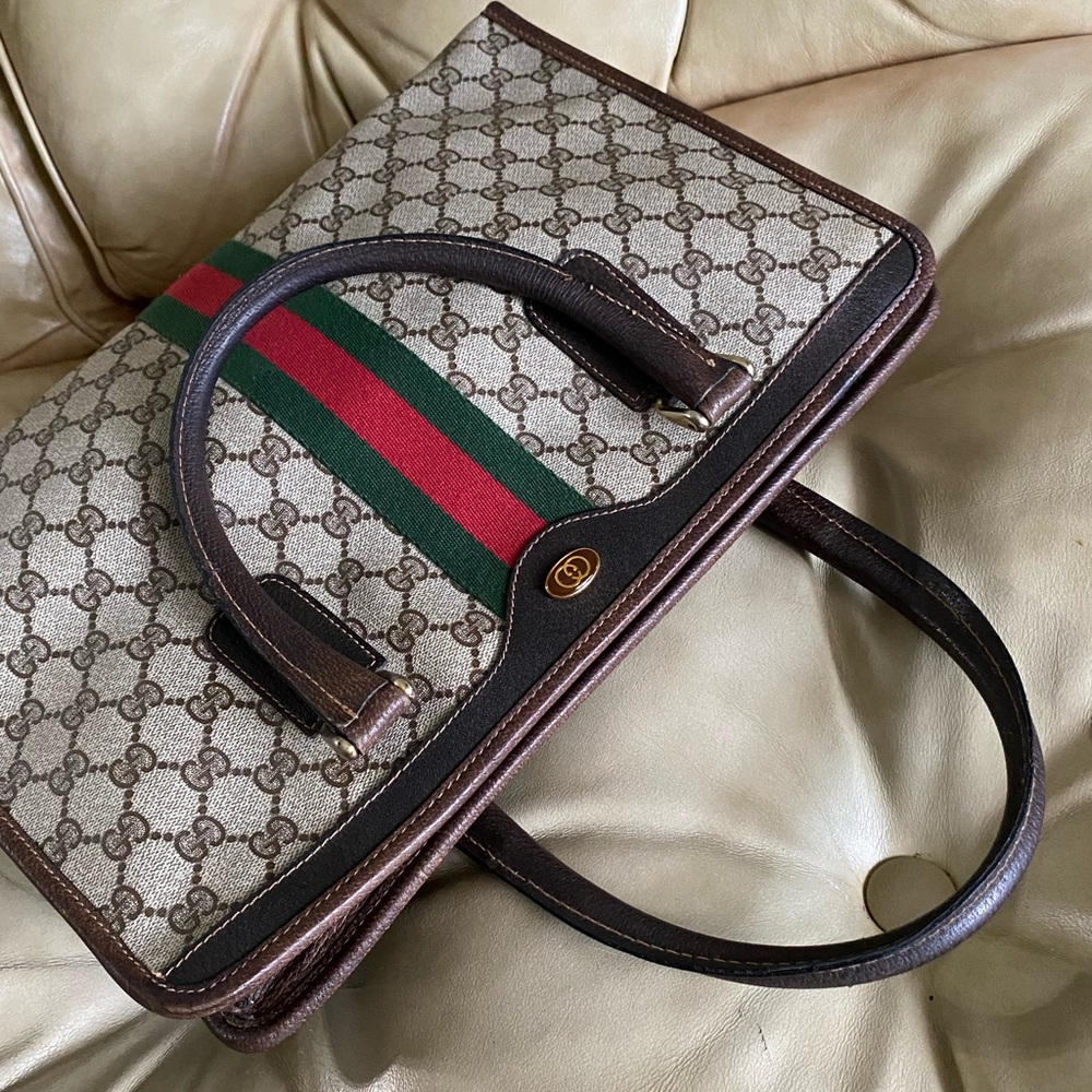 Authentic Gucci Vintage Large Tote Unisex Business Bag GG Web Stripe Attache